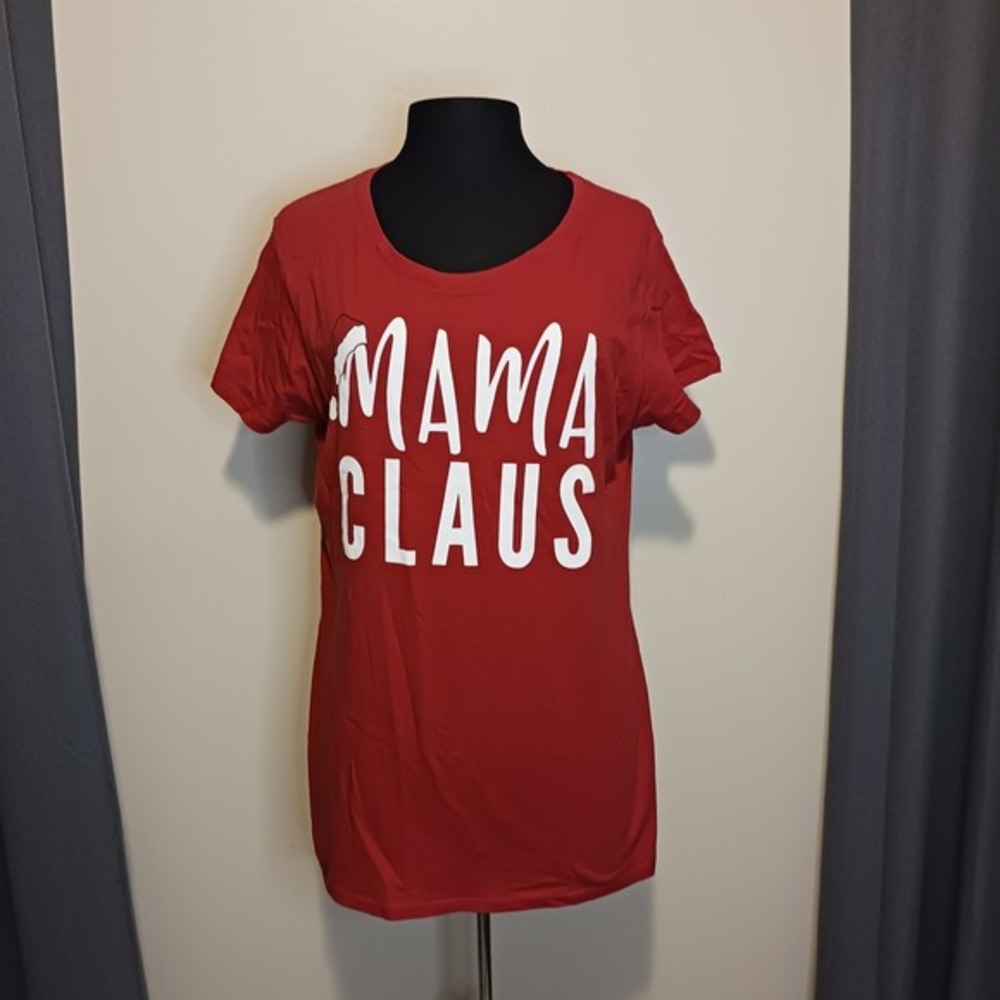 Holiday Time Mama Claus Red Christmas T Shirt‎ Women's XL 16-18 V Neck